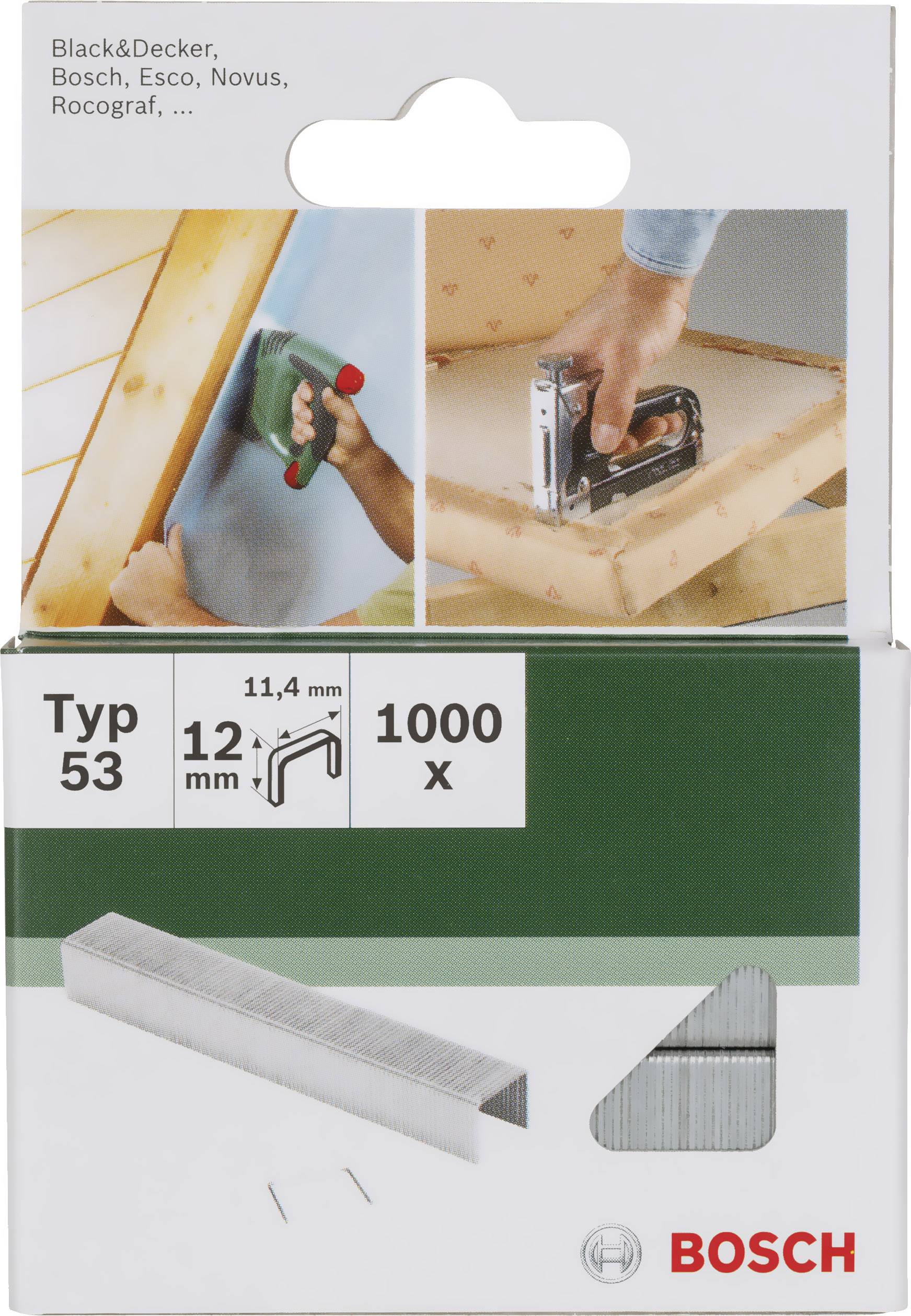 Packaging for Bosch Type 53 Staples, 12 mm, 1000 Pieces. Illustration shows the staples and their application with a staple gun.