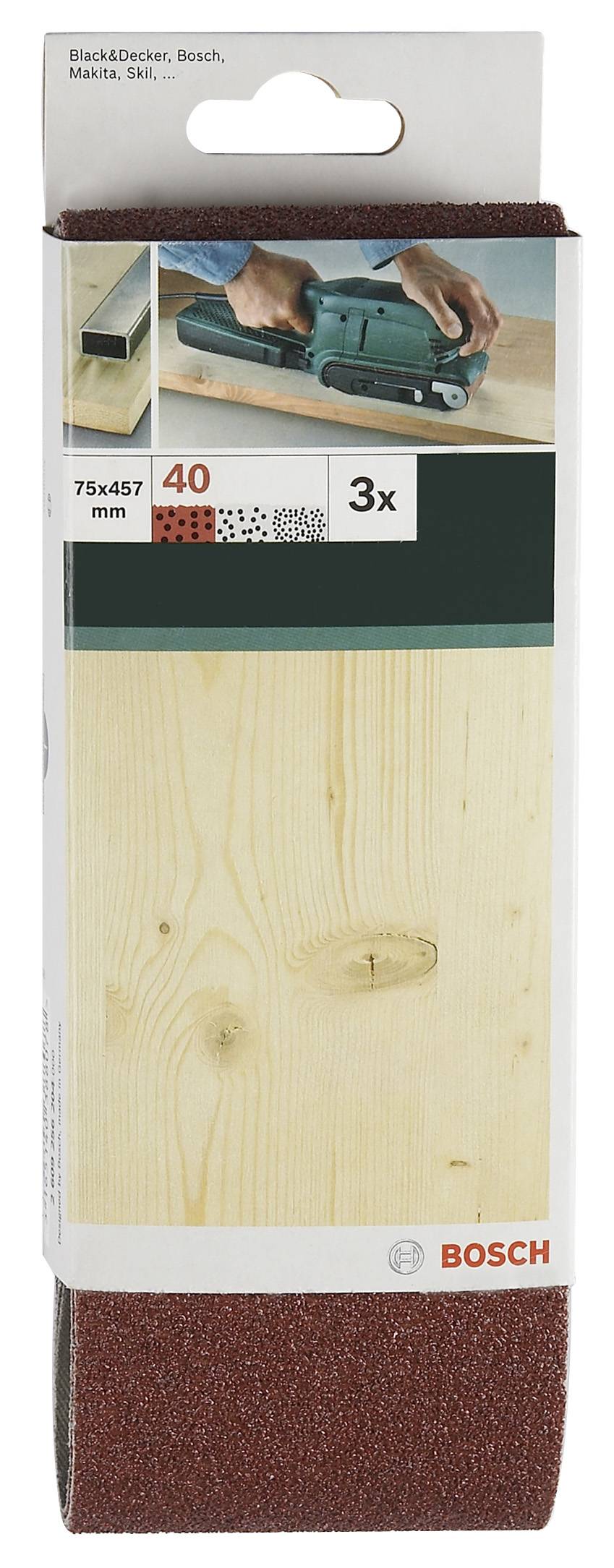 A Bosch sanding paper set. Contains three sanding belts, 75x457 mm in size, suitable for various belt sanders, grit 40.