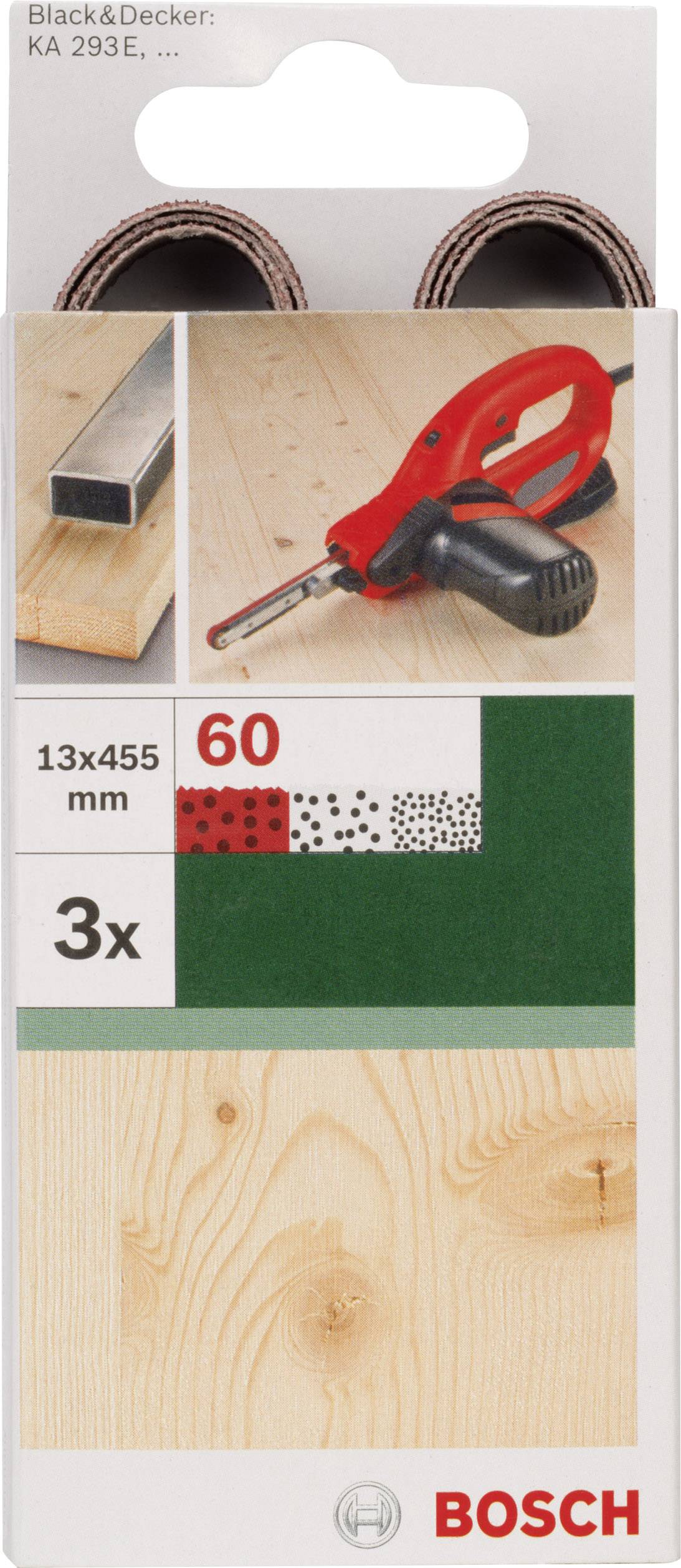 'Bosch Sandpaper, 13x455 mm, 60 Grit, 3 Pieces.' Image shows red hand sanding aid and application examples on wood and metal.