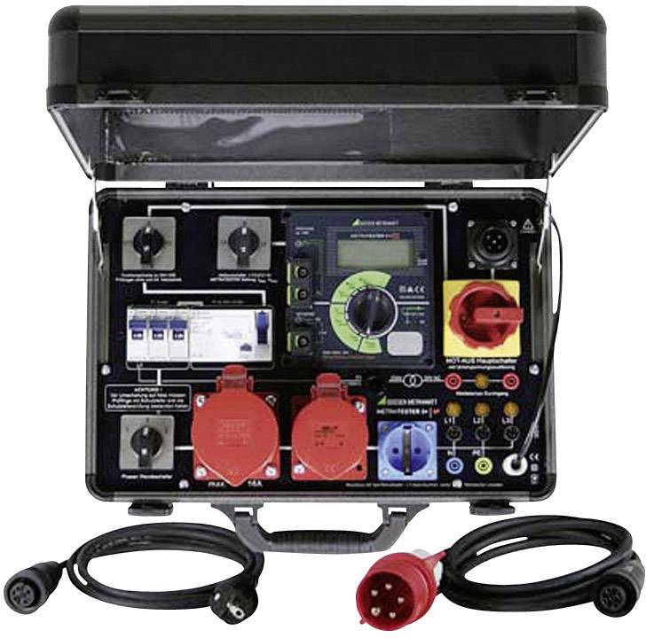 Electrical testing device with display and multiple sockets in a case, surrounded by power cables.