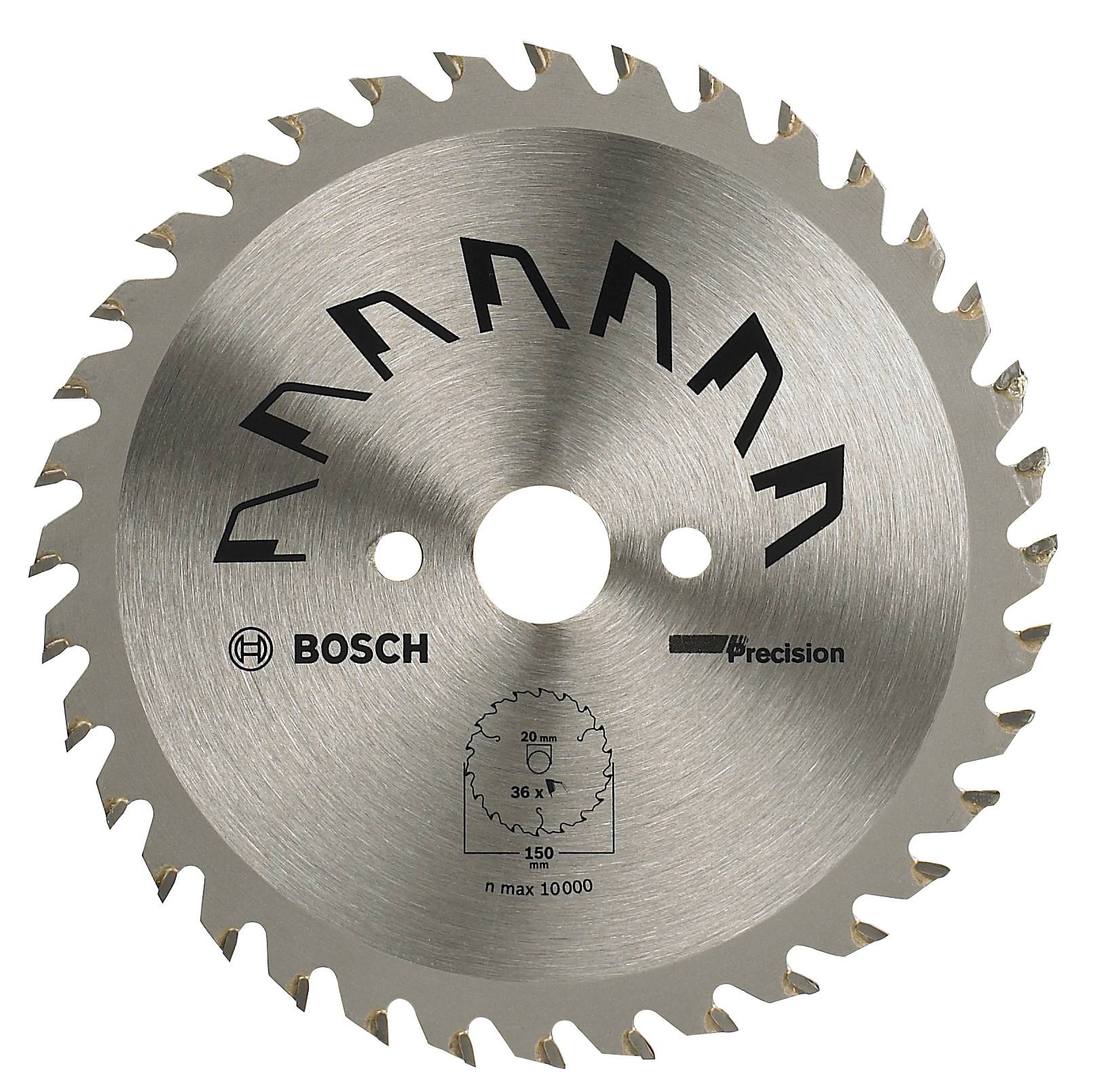 Circular saw blade with brand logo and technical information in the centre. Silver colour, with sharp teeth along the edge.
