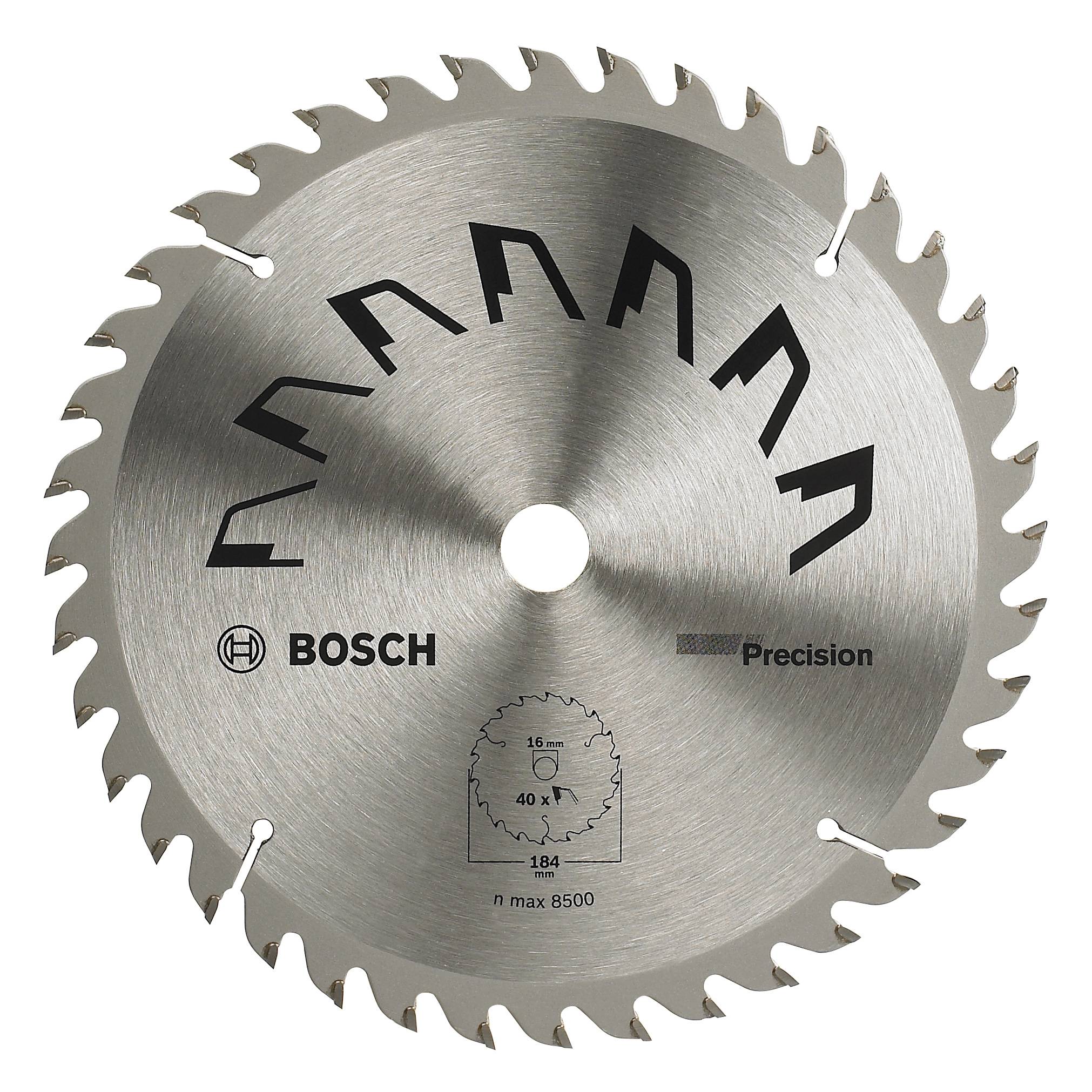 Circular saw blade with 24 teeth, brand 'Bosch', model 'Precision', diameter 184 mm, maximum rotational speed 8,500 rpm.