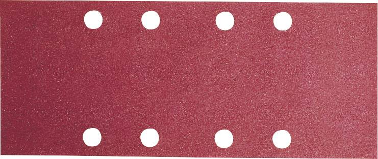 Red sandpaper with six round holes arranged in two rows.
