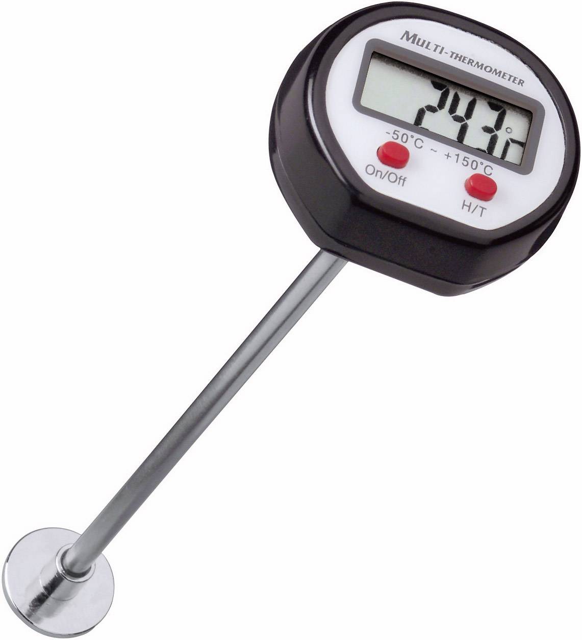 Digital thermometer with metal probe showing 20.7°C. Temperature range from -50°C to +150°C, with On/Off and H/T button.