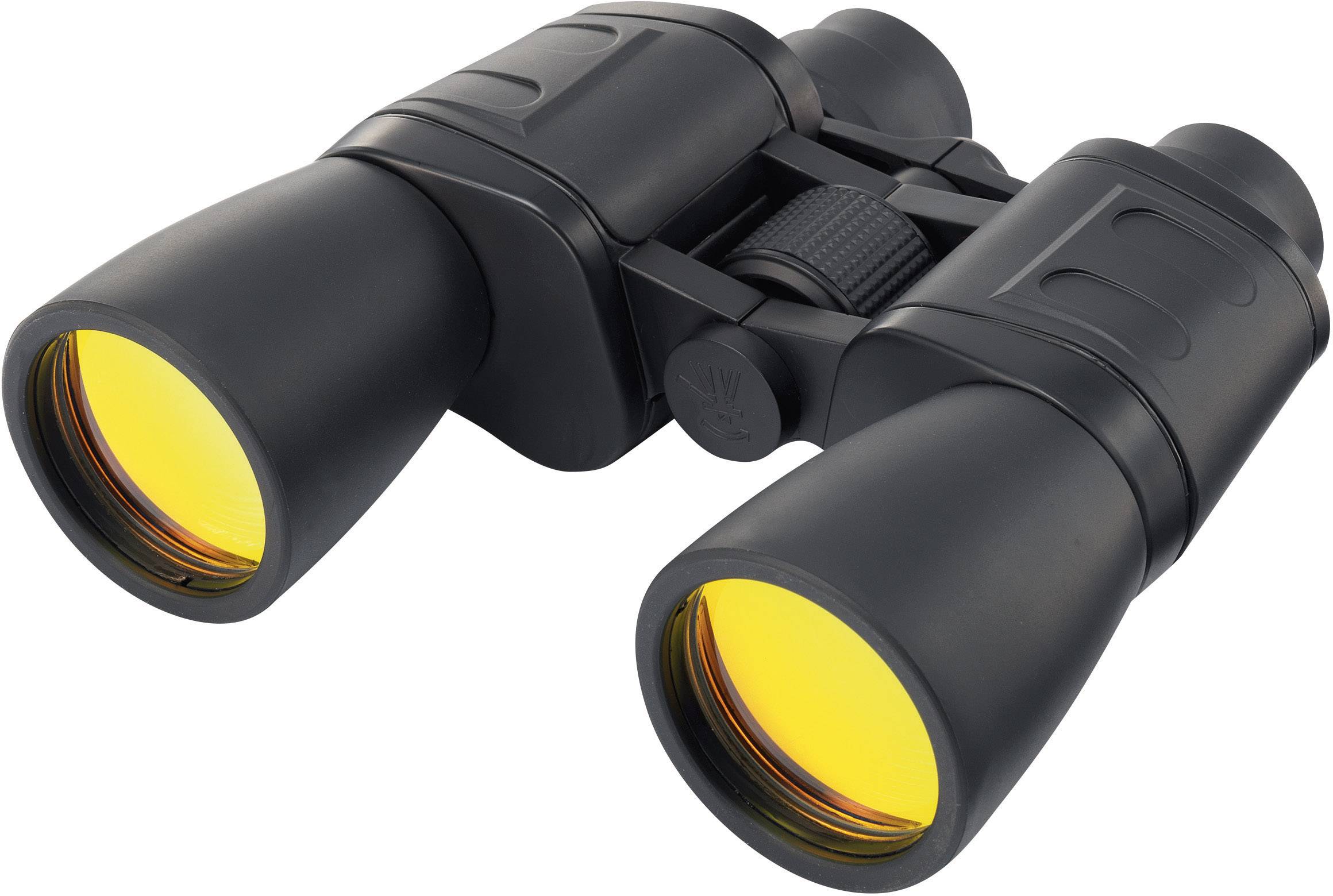Black binoculars with yellow lenses, lying on a white surface. Primarily suitable for bird watching or long-distance viewing.