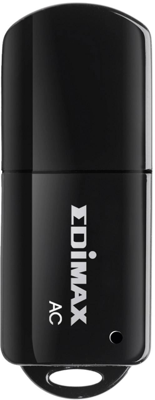 Black Wi-Fi USB adapter with 'EDIMAX AC' printed on it, used for wirelessly connecting devices to the internet.