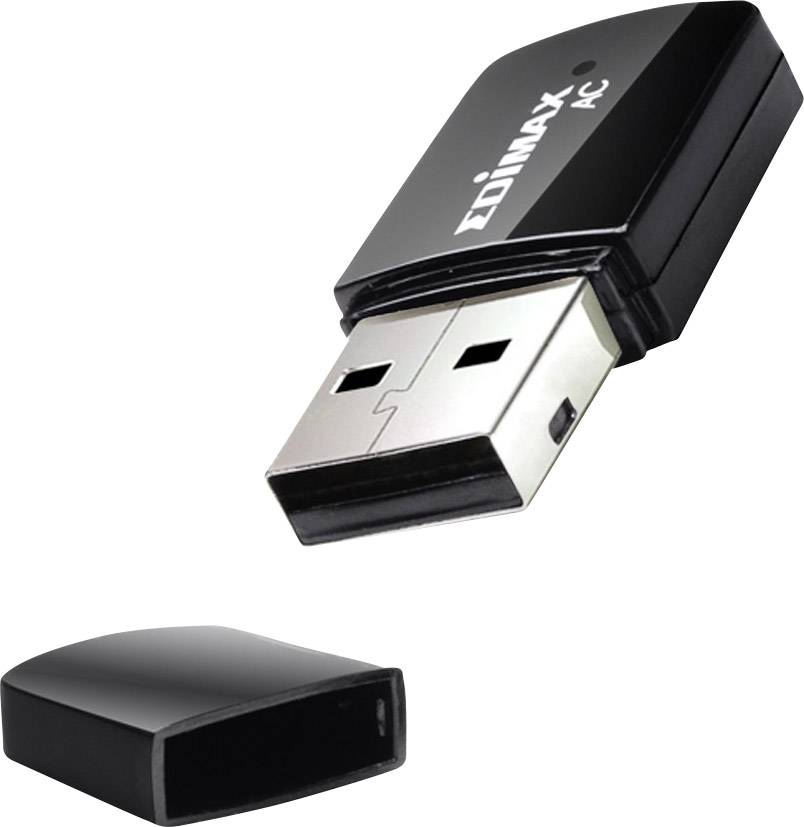 A black USB adapter by Edimax with its cover removed, used for wireless network connection of a PC.