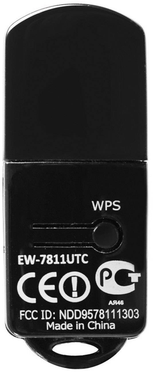A black USB Wi-Fi adapter with WPS button and model number EW-7811UTC. Manufacturing label 'Made in China' visible.