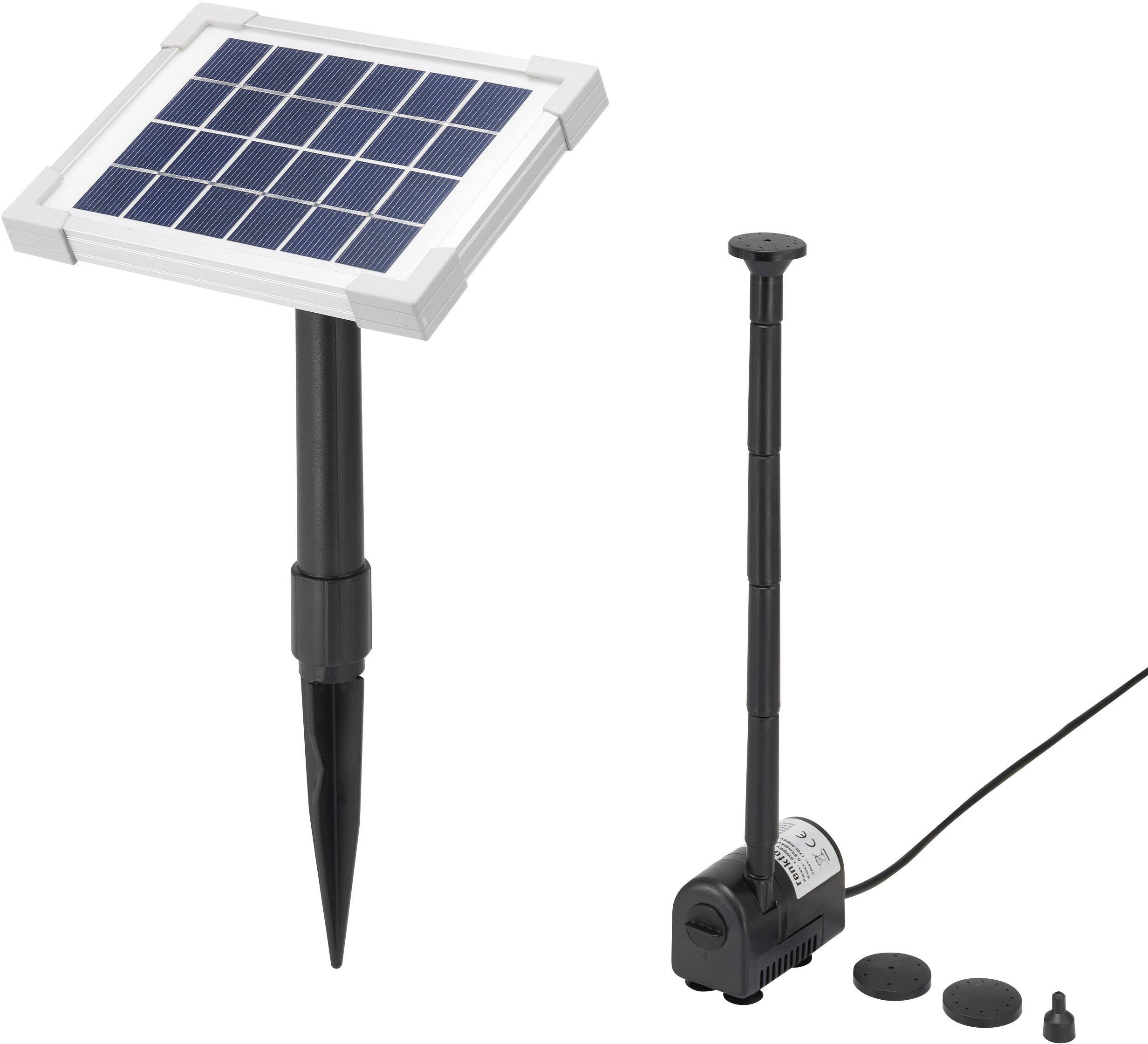 Solar-powered water pump with a removable solar panel on the left and a pump with nozzle attachments on the right, ideal for garden ponds.