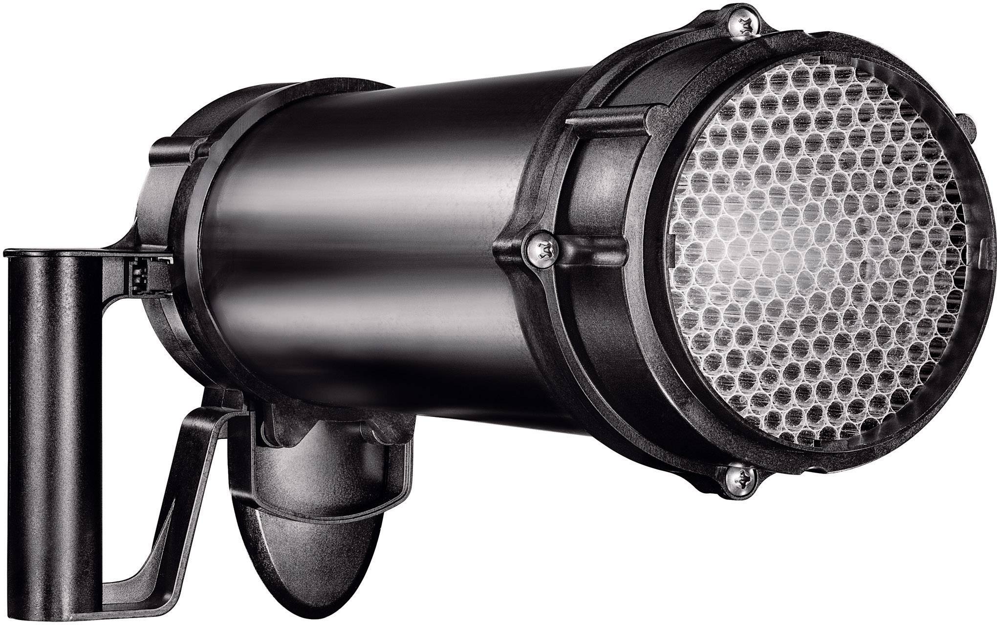 Black stage spotlight with honeycomb filter, suitable for precise light focusing during events and theatre performances.