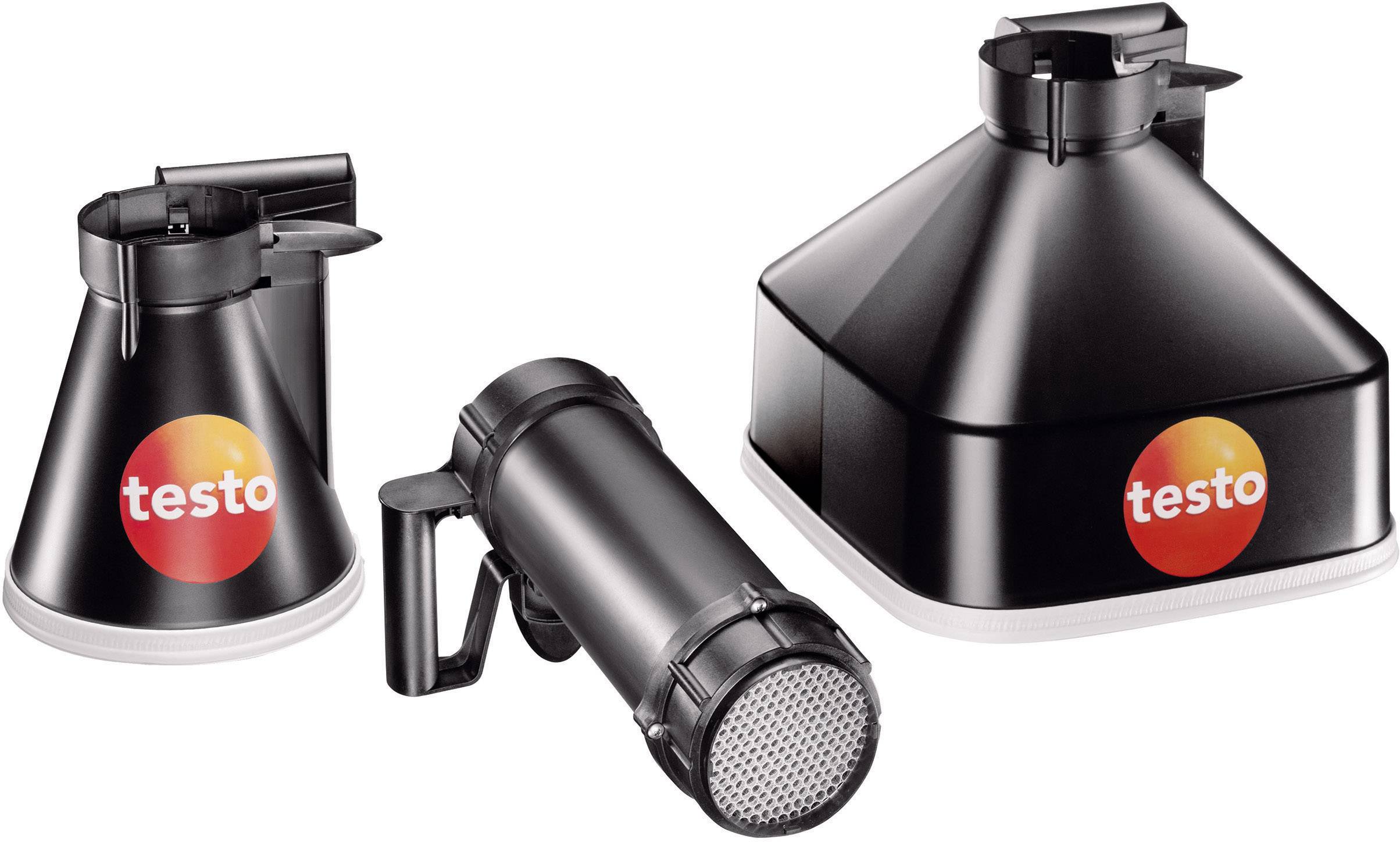 Three black measuring devices with the 'testo' logo. One has a small opening, one is cylindrical with a handle, the third is wide and conical.