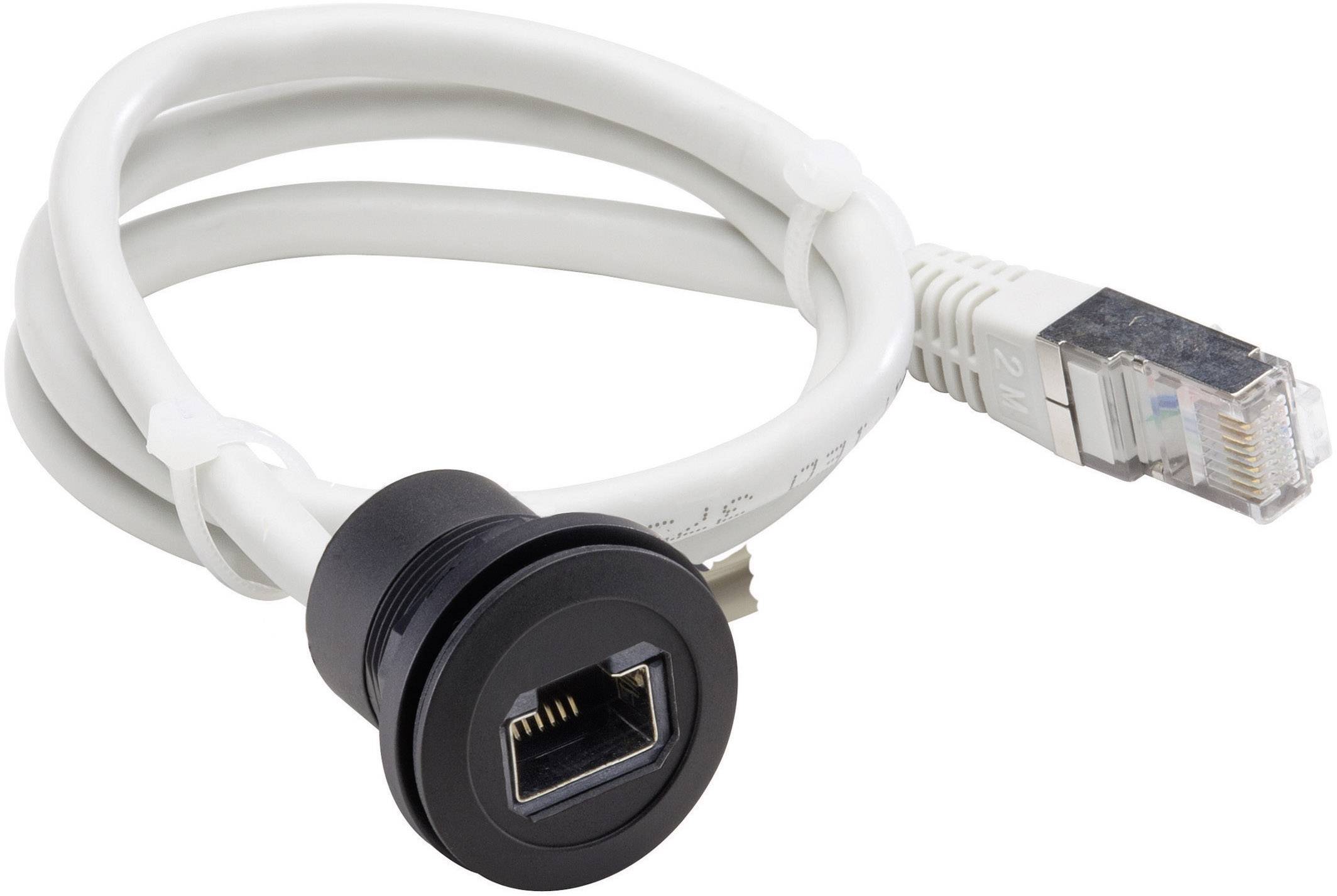 A white Ethernet cable with a black flush socket and a transparent RJ-45 plug, shown coiled.