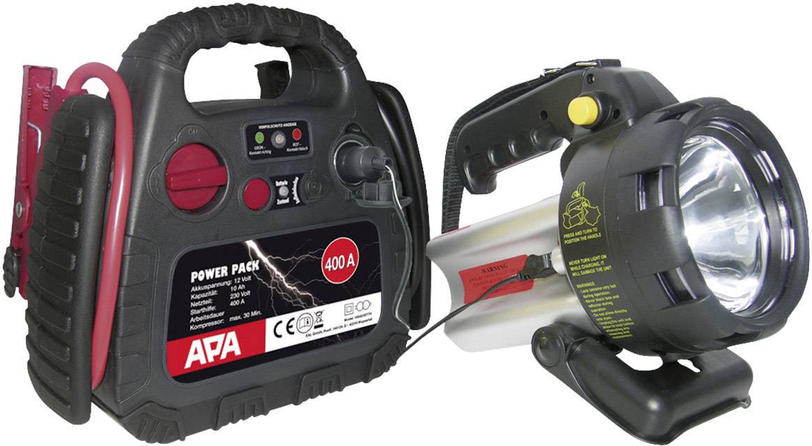 Portable jump starter with built-in light. Device has indicators for charging status and voltage. Suitable for starting cars with a flat battery.