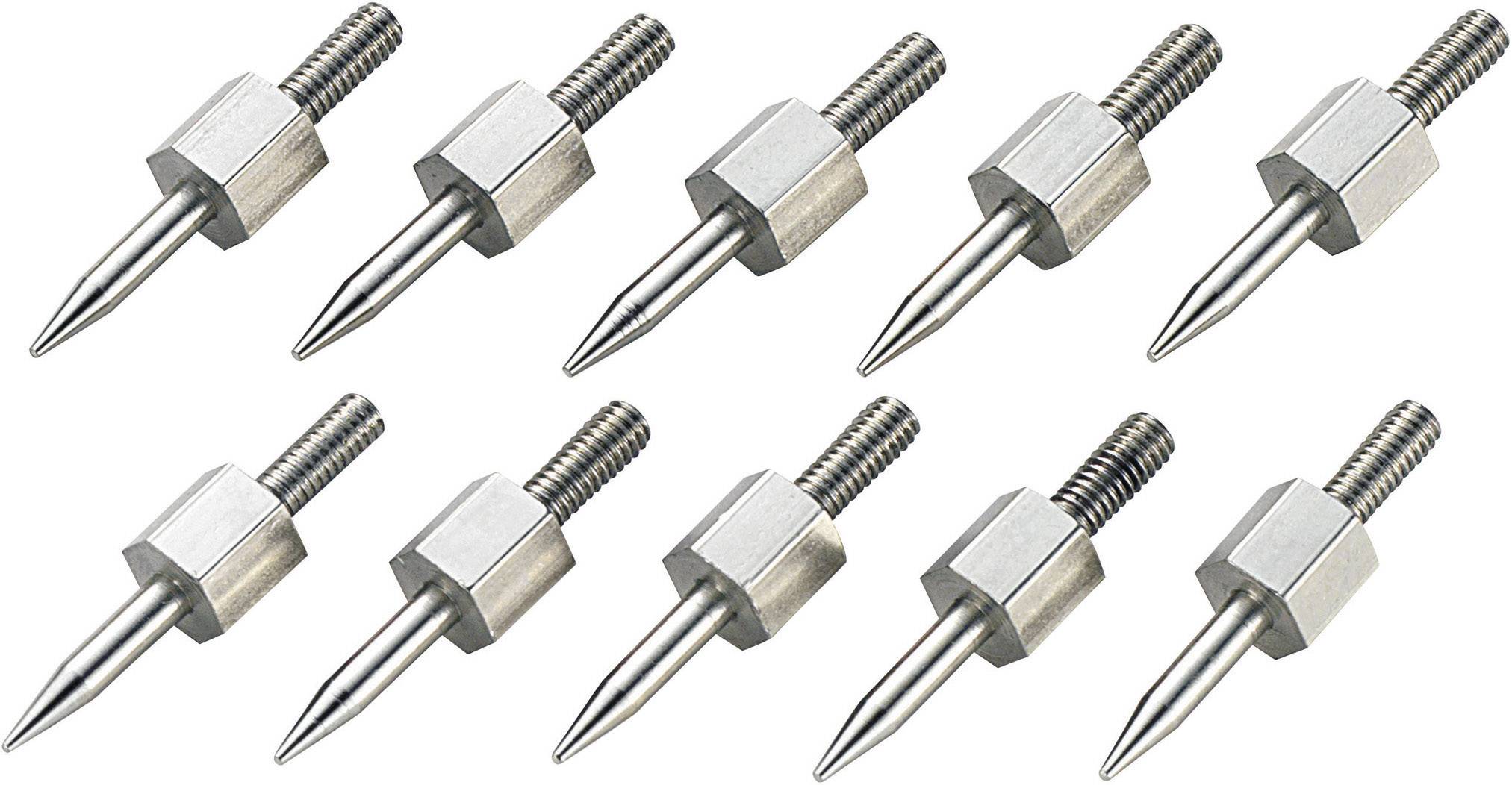 Ten silver metal points with threading, evenly arranged in two rows. Primarily suitable for technical applications.