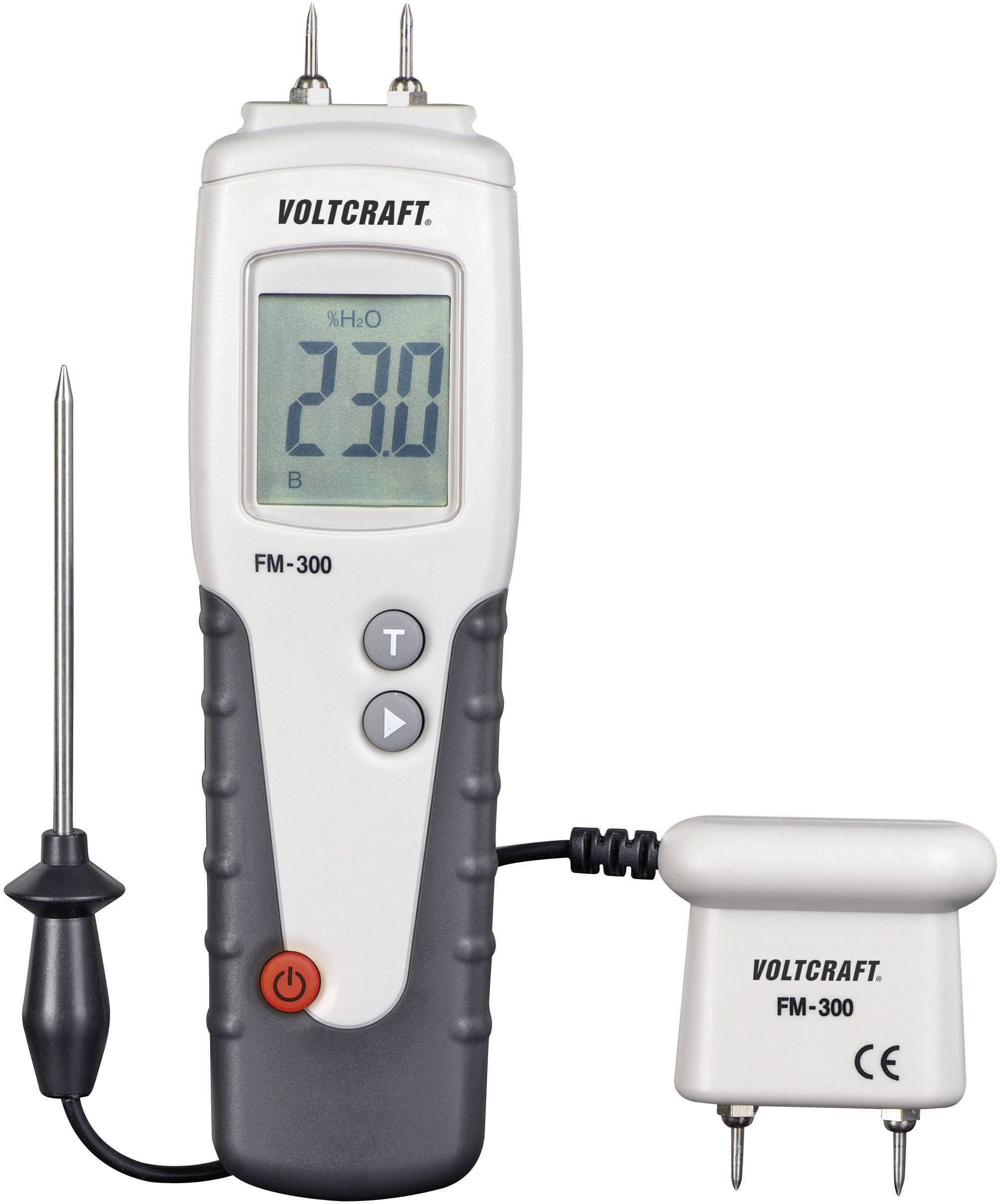 Voltcraft hydrometer, model FM-300, displays a reading of 23.0 on the digital display. Device equipped with two probes.