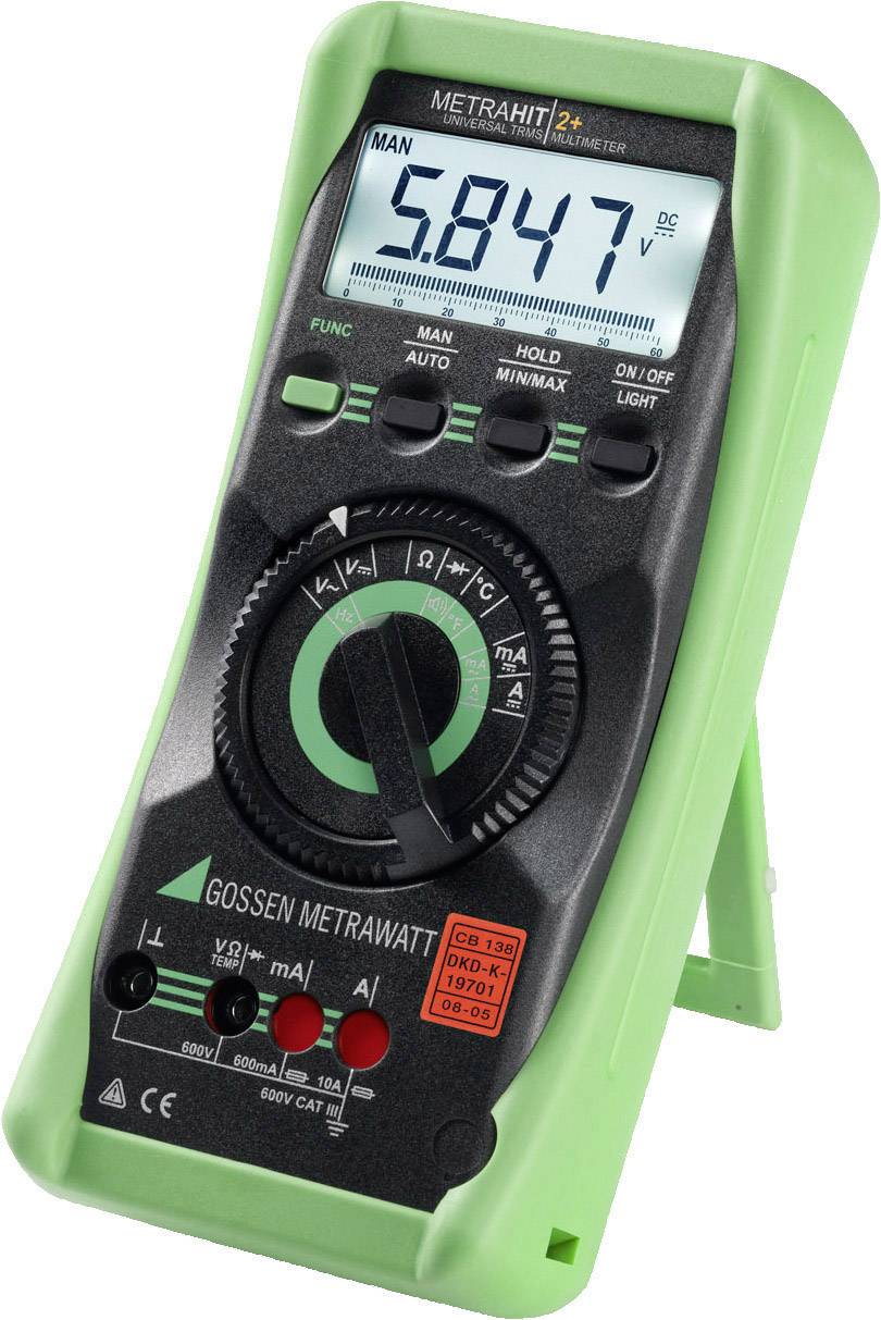 Digital multimeter with a green casing shows '5.847 V' on the display, and features various measurement functions and a rotary dial.