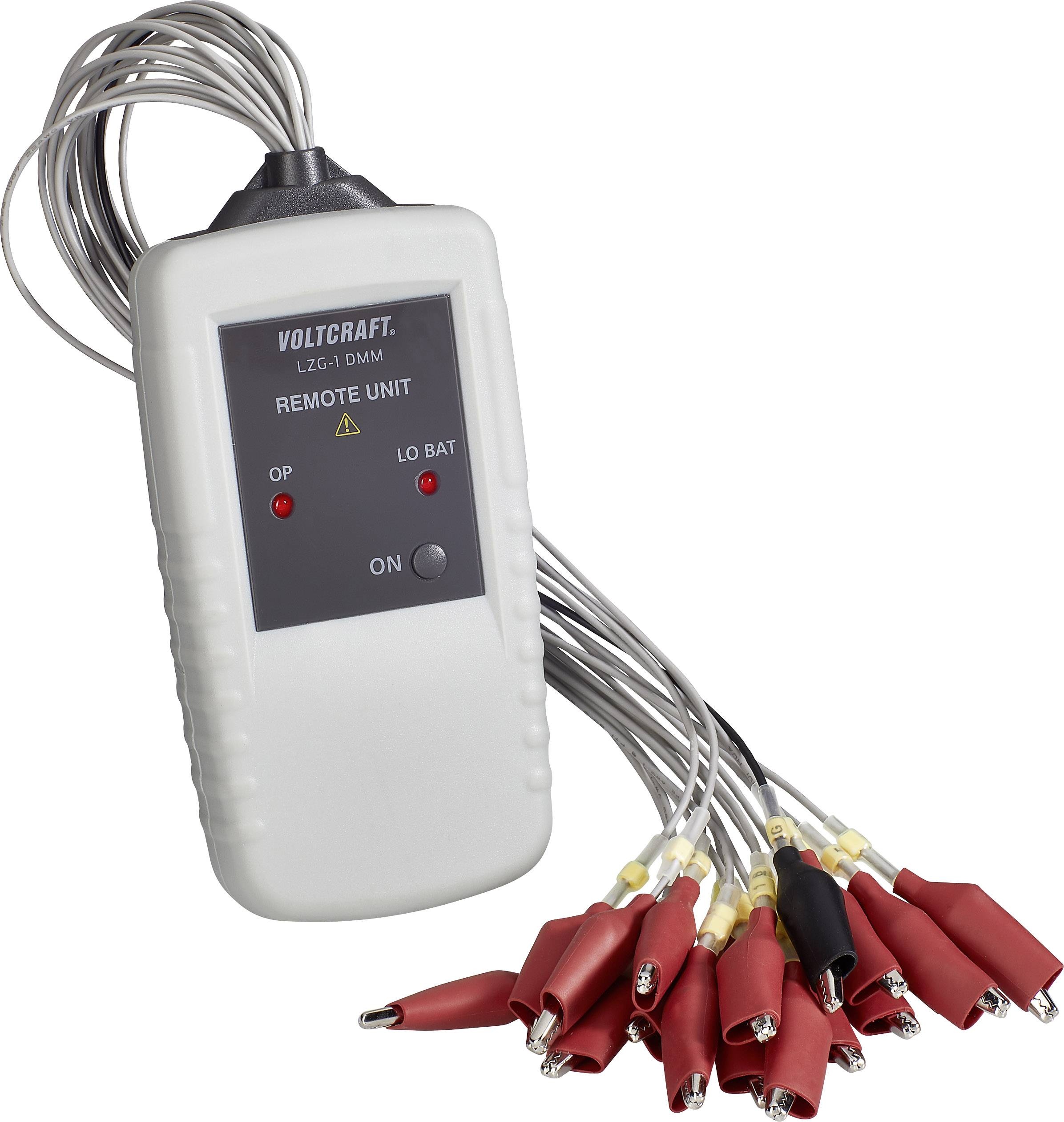 'Voltcraft LZG-1 MM Remote Unit' with multiple cables and crocodile clips, used for connection and measurement in electrical circuits.