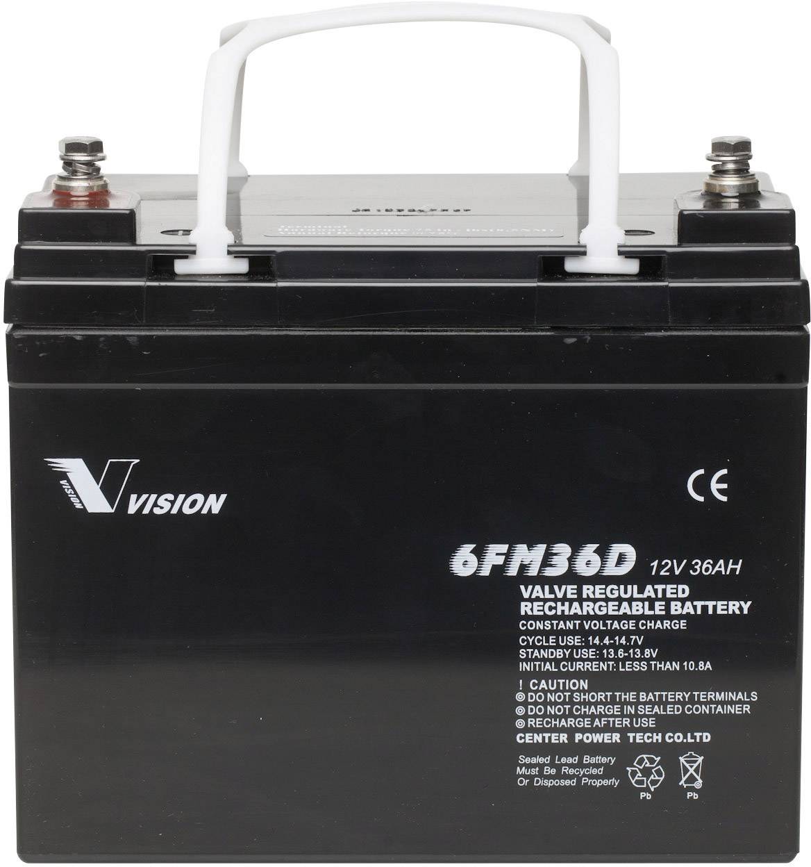 Black lead-acid battery with white handle, labelled '6FM36D 12V 36AH', valve-regulated, used for rechargeable purposes.