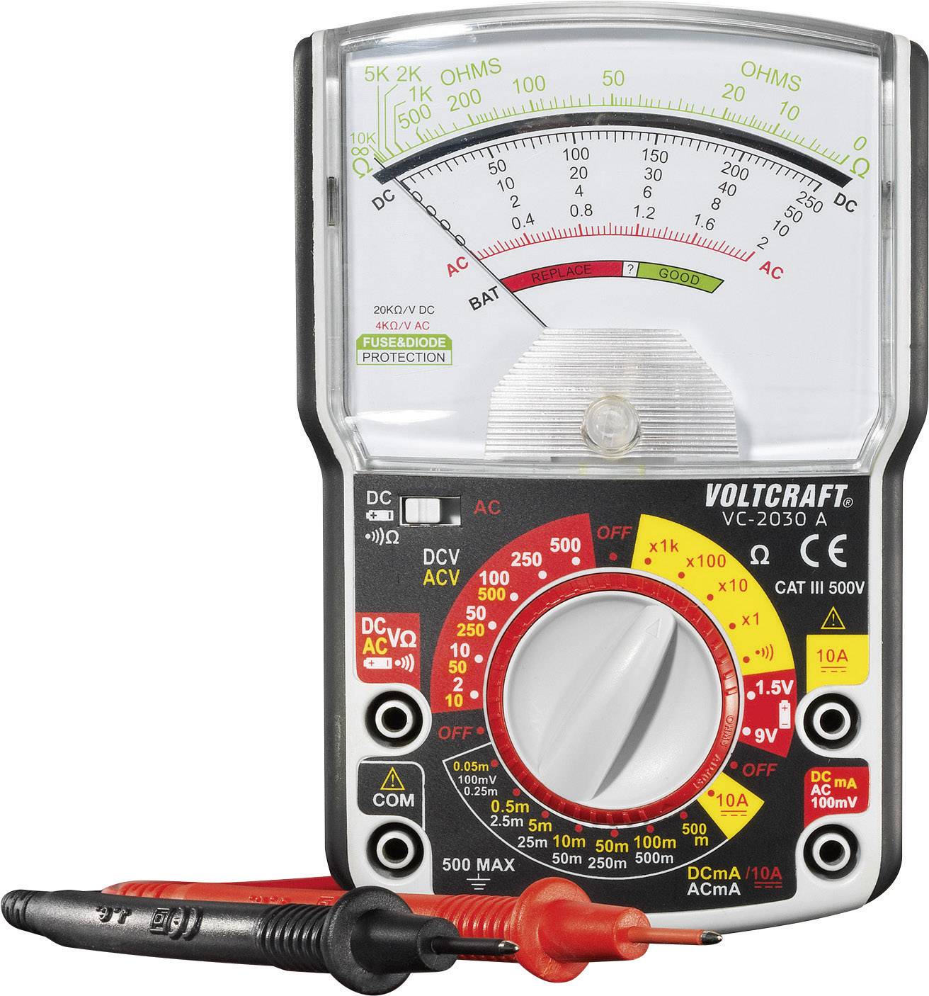 Analogue Multimeter by Voltcraft, Model VC-2030 A. Display shows resistance and voltage. Measuring leads positioned at the front.