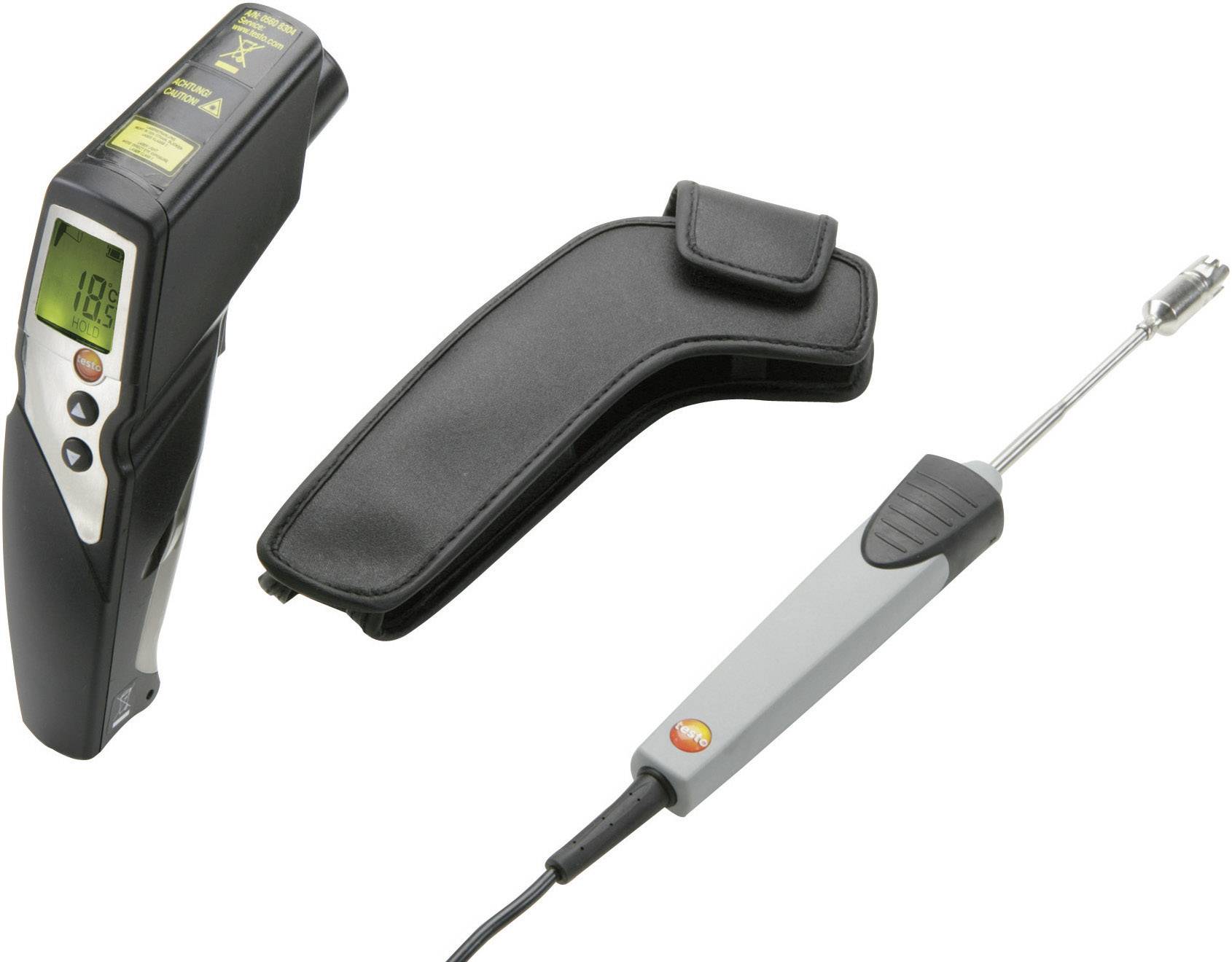 Infrared thermometer with digital display showing 18°C, next to a case and a cable probe for temperature measurement.