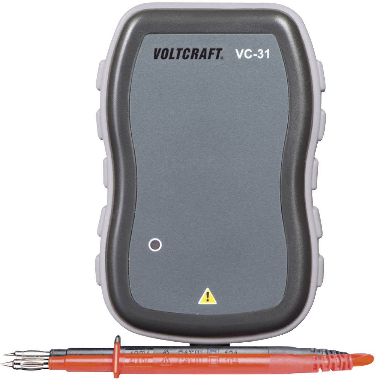 'Voltcraft VC-31 Voltage Tester' with a grey housing and red test leads.