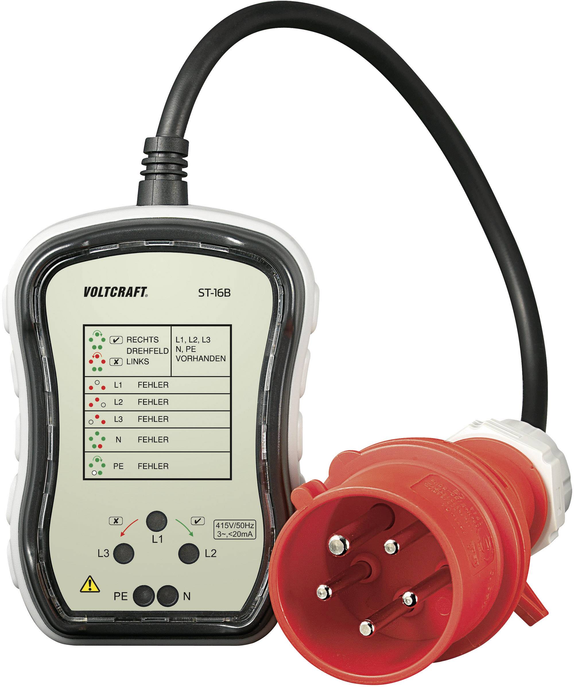 Phase tester with multi-coloured LED display for checking rotary fields in three-phase sockets, red plug connection.