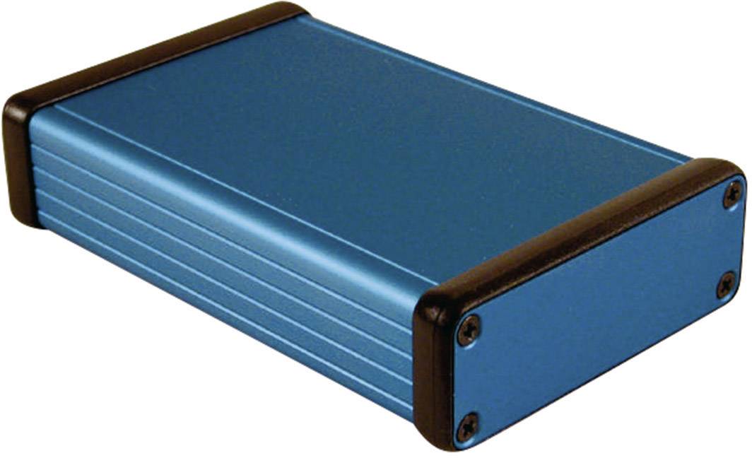 A blue, rectangular metal enclosure with black plastic caps on the ends.