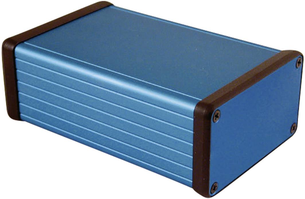 Blue, rectangular metal enclosure with black corner pieces and screws, likely for electronic devices or DIY projects.