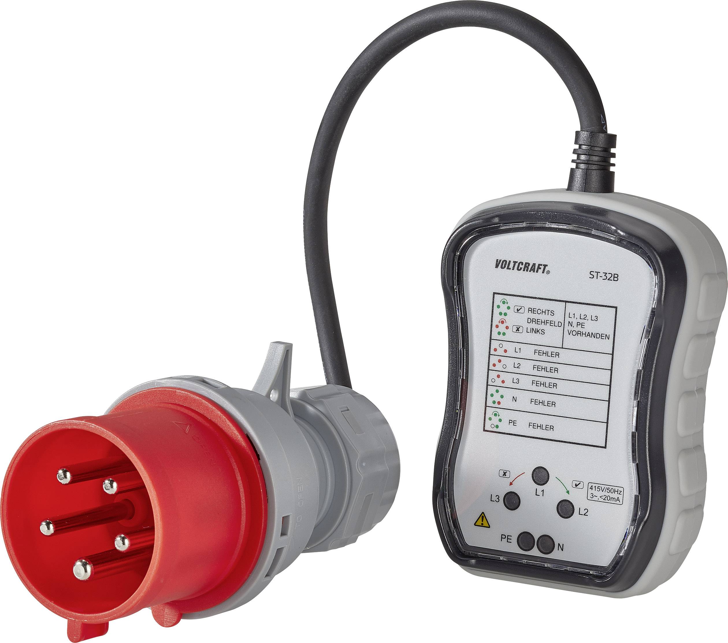 A multi-tester for electrical plug connections with a red CEE plug and labelled display for error diagnosis and phase indication.