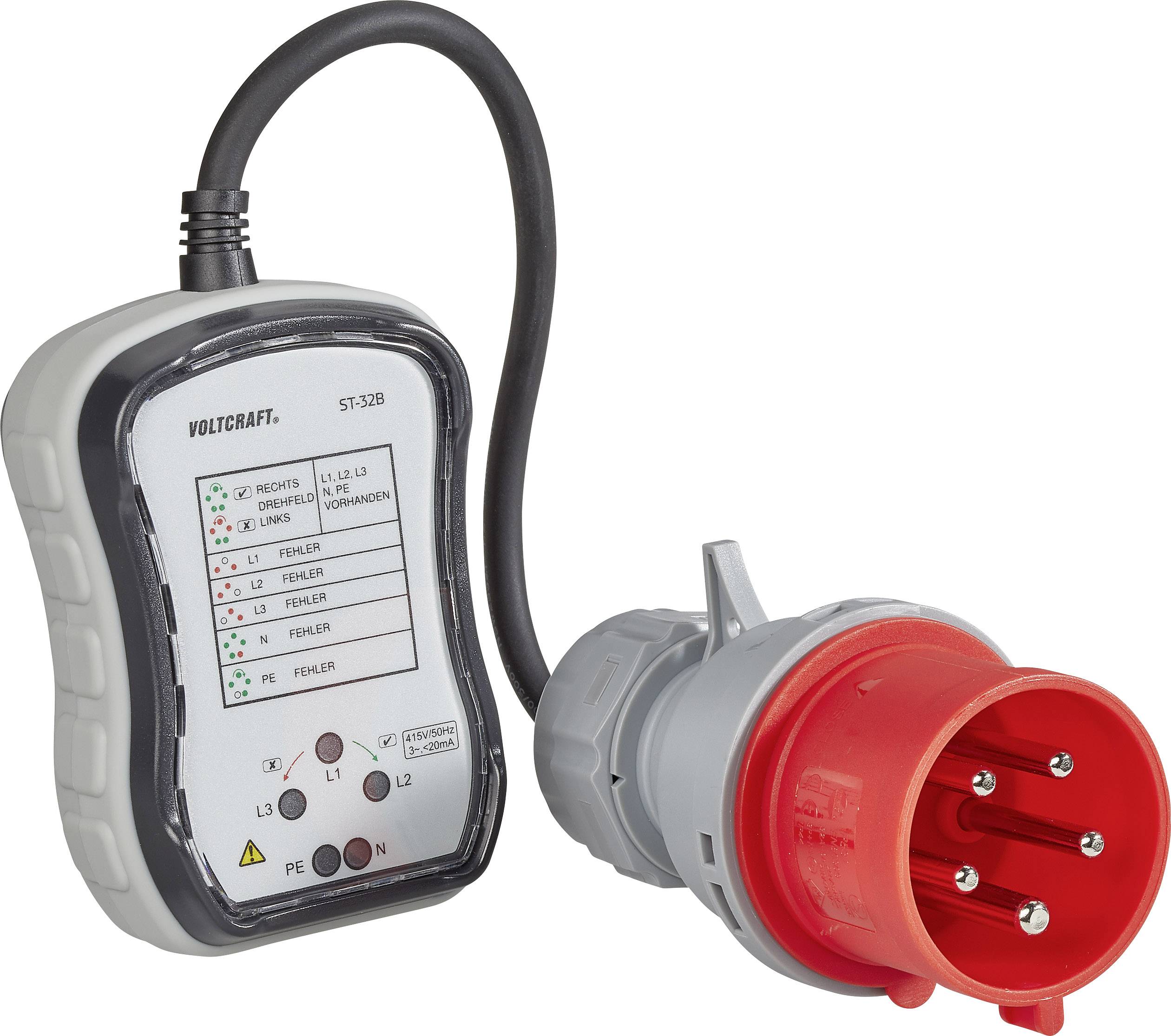 Device for checking three-phase plugs with five-pin plug and LED indicators for correct phase sequence and earthing.