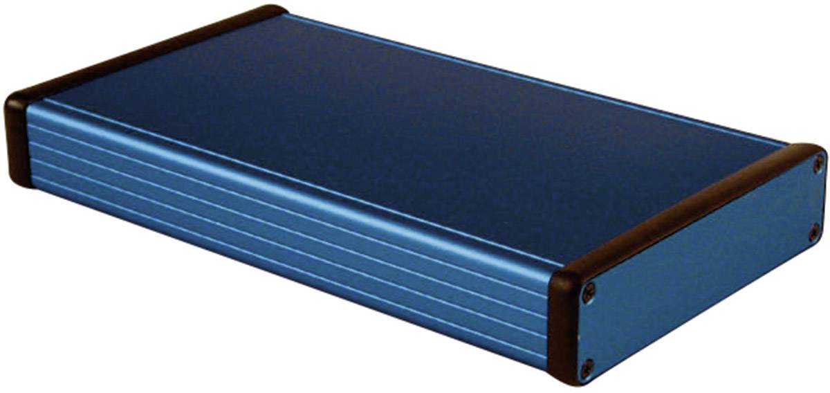 A blue external metal hard drive enclosure with black corners, shown in a horizontal position. Suitable for protecting hard drives.