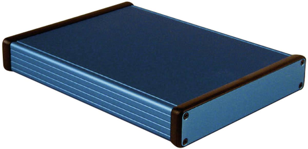 A blue, rectangular external hard drive enclosure made of metal with black edges.
