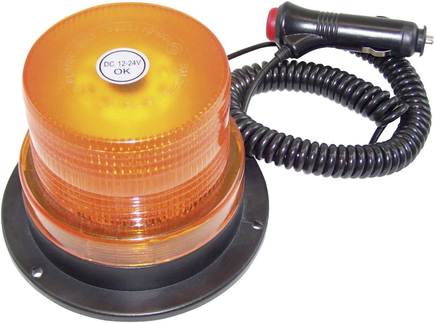 An orange warning light with a spiral cable and car adapter. Text on the light: 'DC 12-24V OK'.
