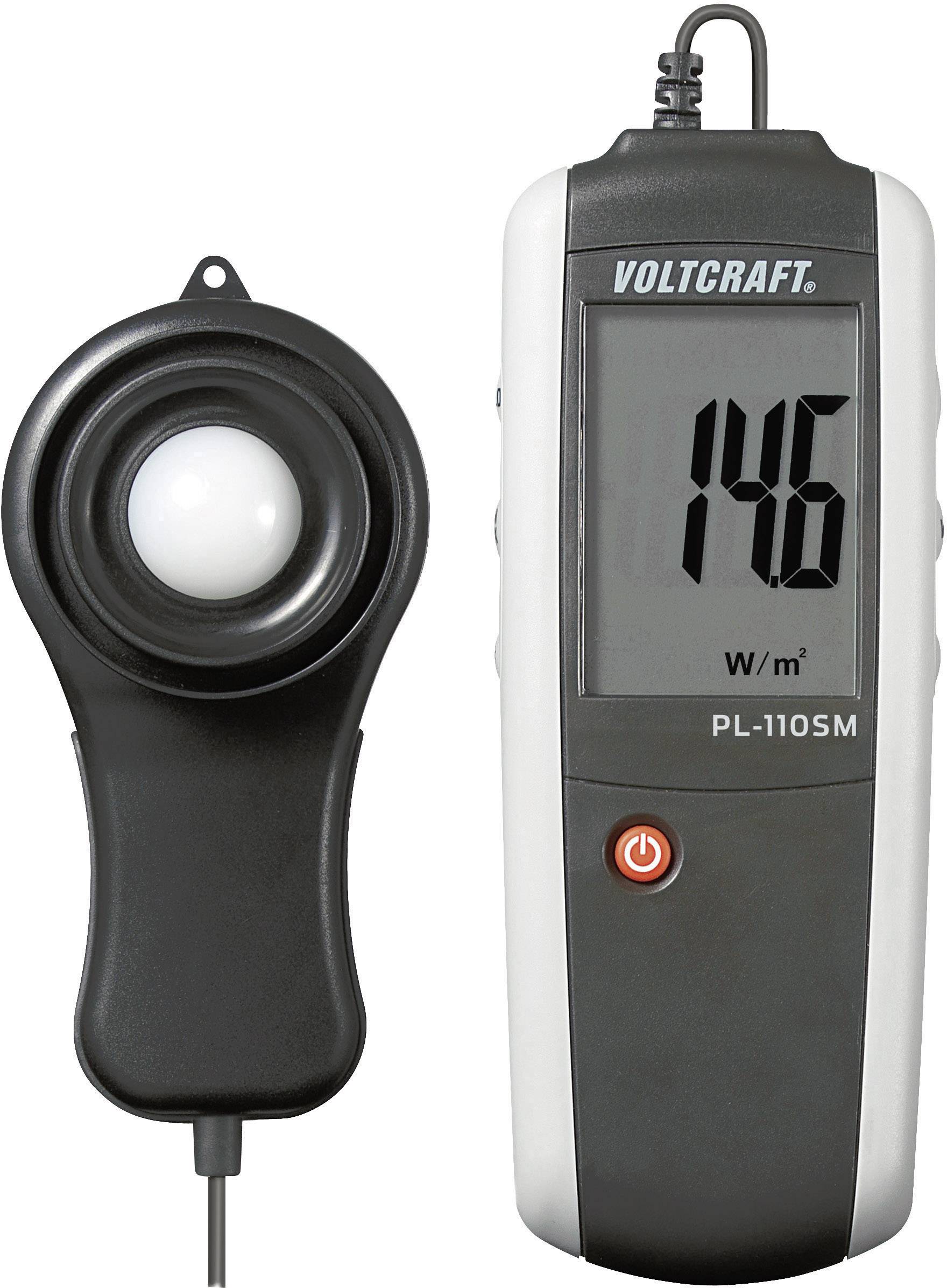 Two devices: On the left a sensor with a white dome, on the right a measuring instrument with display reading '146 W/m²'.