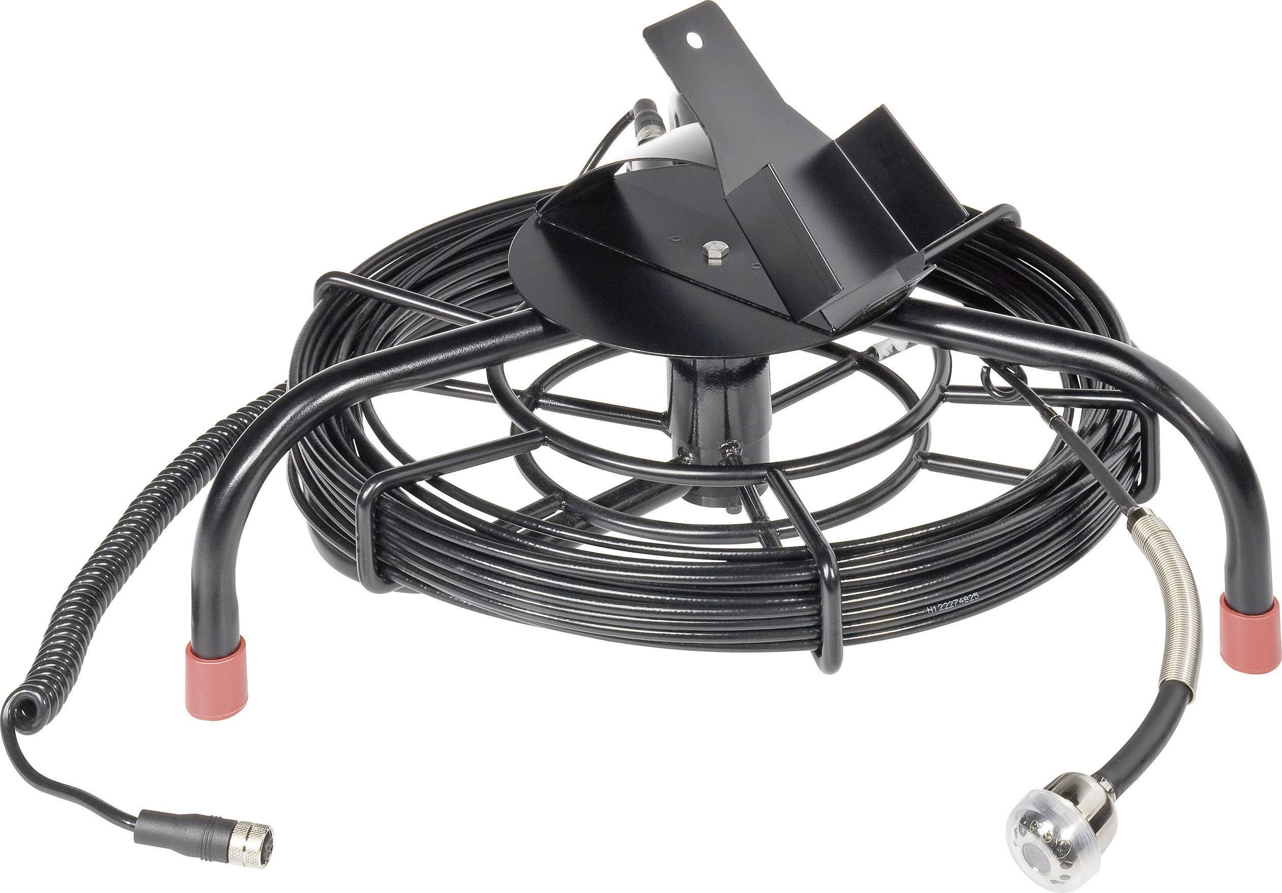 A black camera probe with cable reel, red end caps and camera attachment, suitable for inspections in pipes and confined spaces.