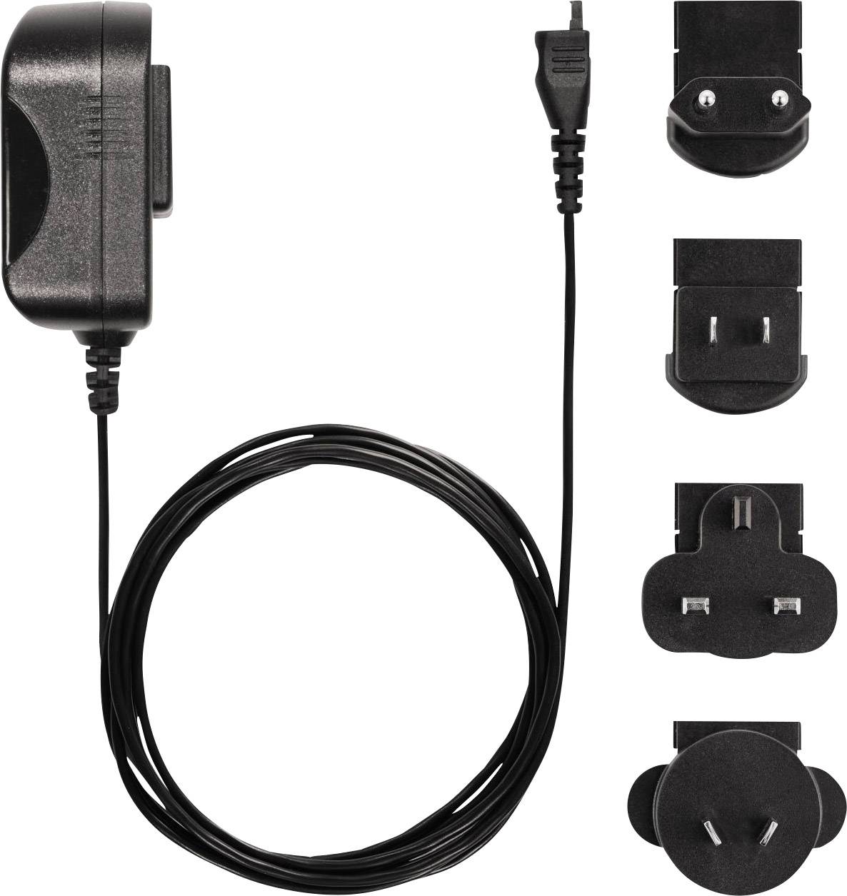 A black power adapter with four interchangeable plug adapters for different socket standards, alongside a coiled cable.