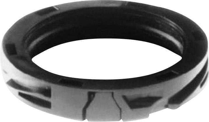 A black, round plastic ring with a grooved pattern, often used as a sealing or dampening element.