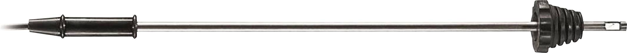 Bicycle pump with a narrow, black tube and handle, lying on its side.