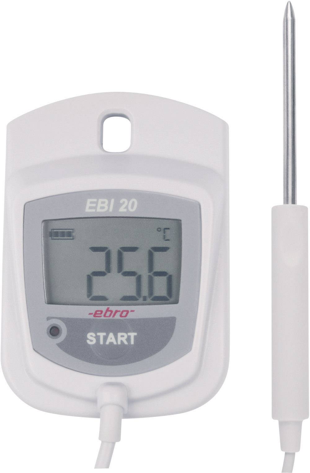 A digital thermometer by the brand Ebro EBI 20 is displaying a temperature of 25.6 degrees Celsius. It has a removable probe.