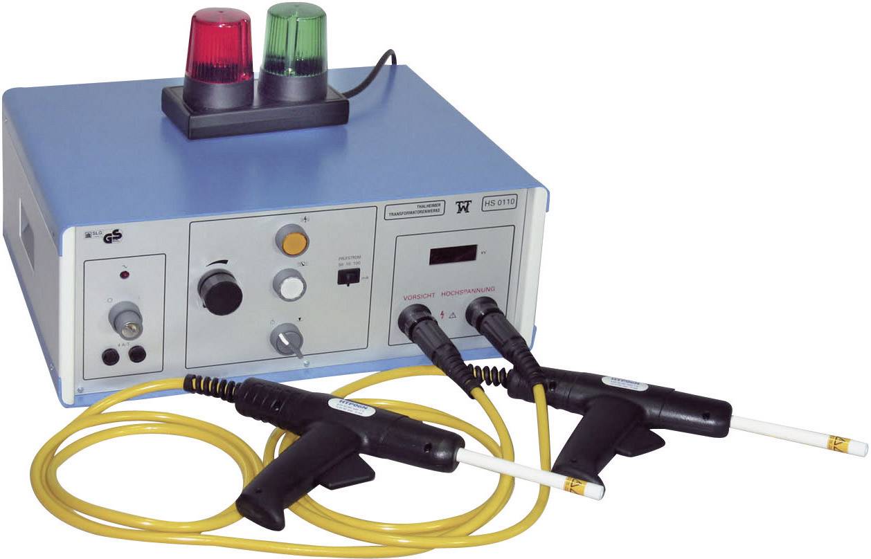 Device for safety monitoring with two yellow cables and red and green indicator lights on the top surface.