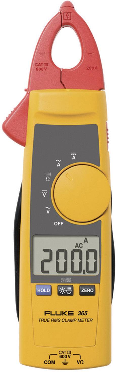 Klemm multimeter in yellow and red, display showing '200.0 A AC', brand name 'Fluke 365', rotary switch for various measuring functions.