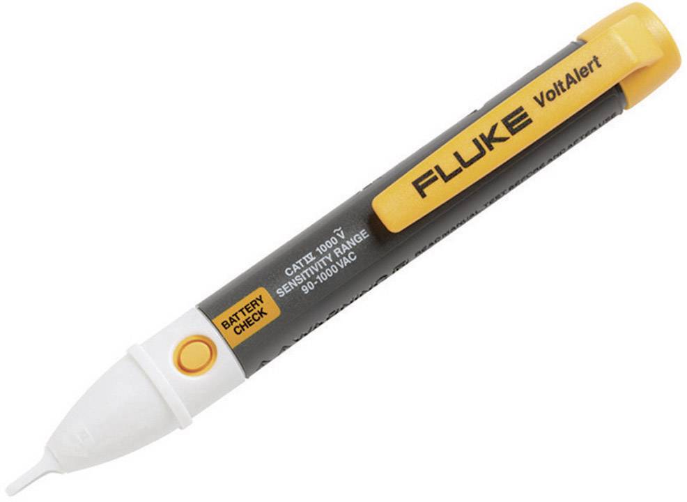 Elektrischer Spannungsprüfer mit Aufschrift 'Fluke VoltAlert'. Enthält Knopf zur Batteriestatusprüfung. Einsatz zur Spannungsprüfung.