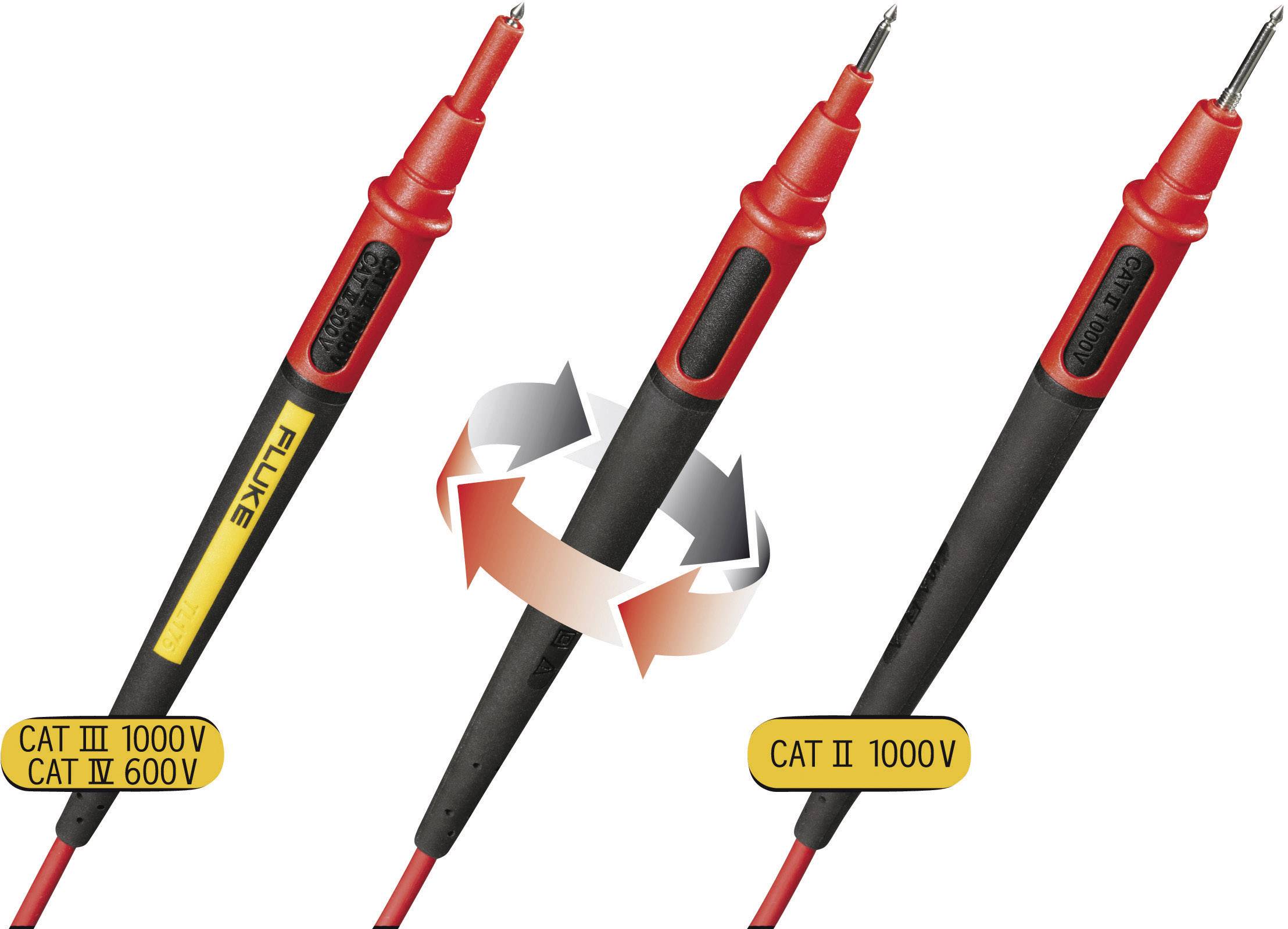 Three voltage testers with red and black handles, suitable for CAT III 1000V/CAT IV 600V and CAT II 1000V, symmetrically arranged.