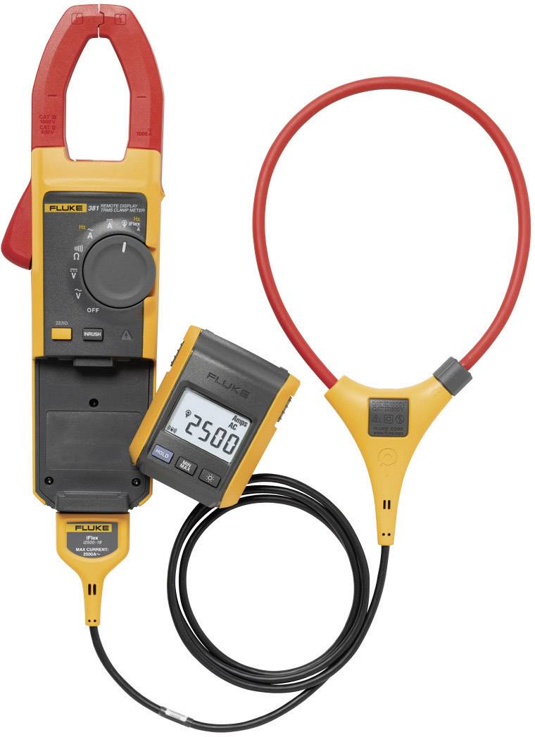 A digital clamp multimeter with a red test lead displays a measured value of '2,500' on a separate display.
