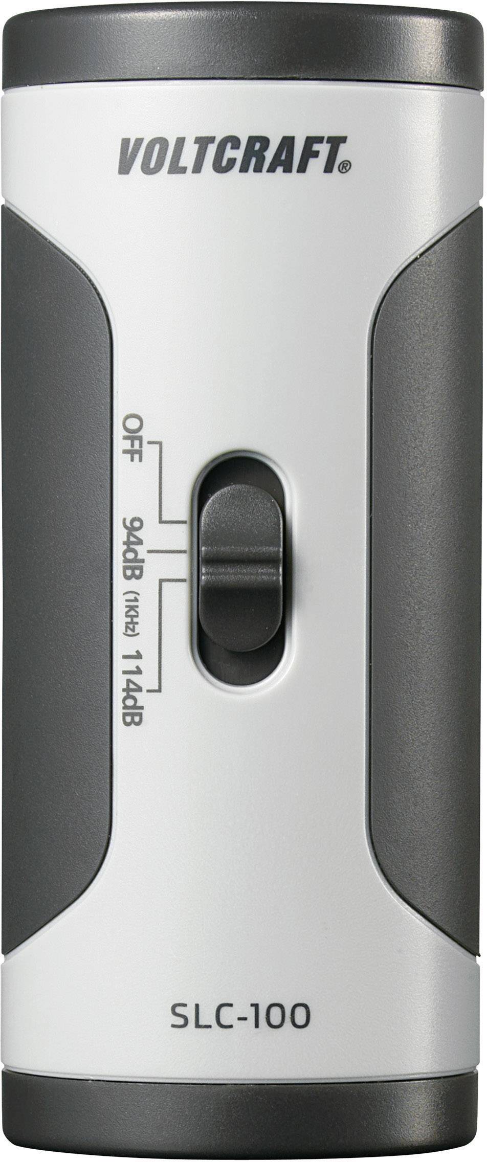 A portable sound level calibration device by Voltcraft, the SLC-100, with a switch for setting levels between 94dB and 114dB.