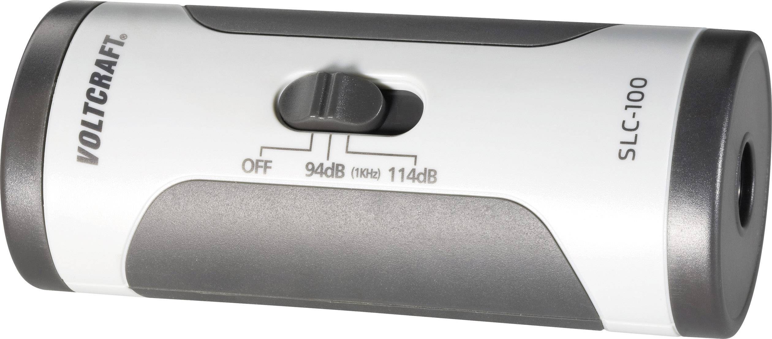 Sound calibrator by VOLTCRAFT with switch for 94 dB and 114 dB (1 kHz) settings, Model SLC-100.