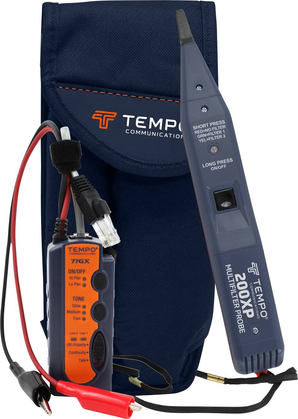 Tool set from Tempo Communication with a multiplier probe and line tracker device in front of a blue carrying case.