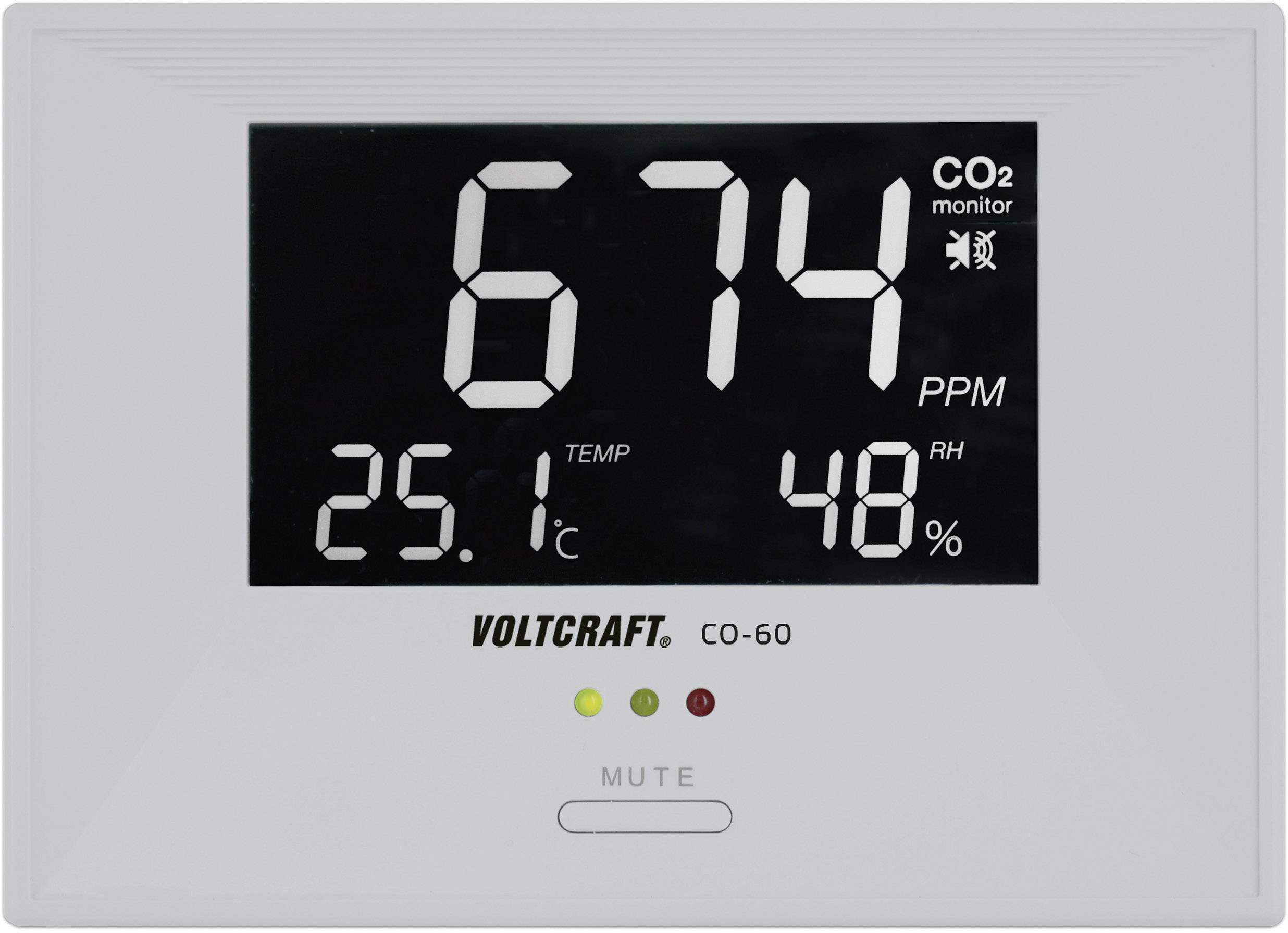 Ein CO2-Monitor mit der Anzeige: '674 PPM', Temperatur '25,1 °C', und Luftfeuchtigkeit '48 %'. Markenname 'VOLTCARFT CO-60'.