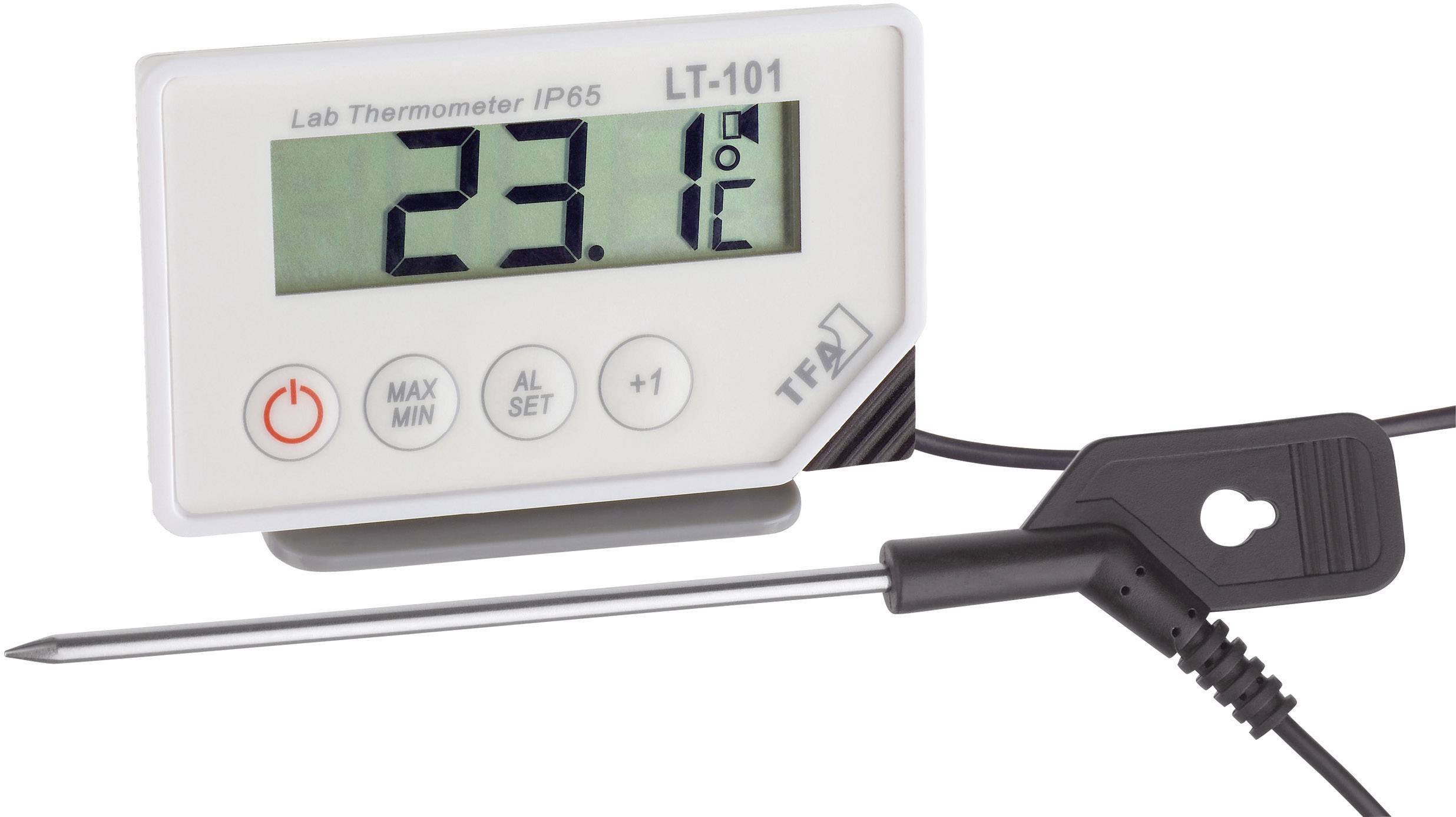 Digital thermometer with probe displays 23.1°C. LCD screen, with max/min and calibration buttons.