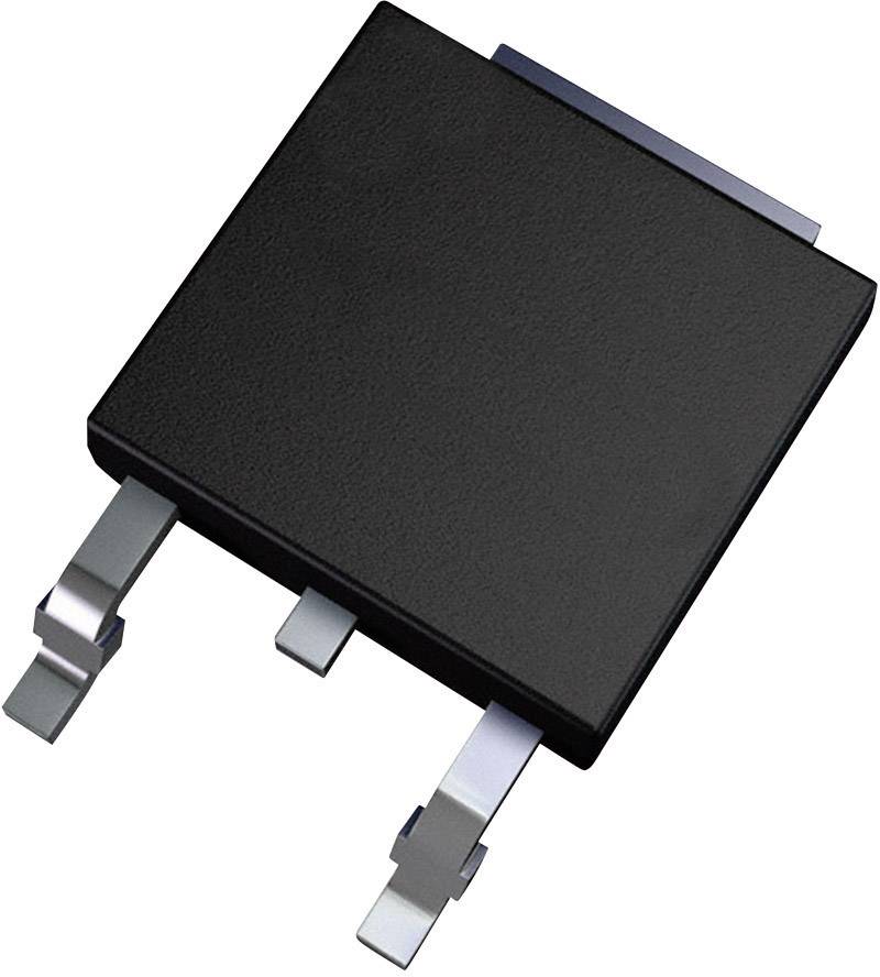 Black electronic component with three metal connections, likely a power transistor or voltage regulator.